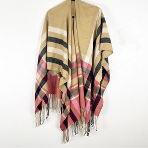 WOOLRICH Multicolored Plaid Fringe Hem Trim Blanket Poncho One Size